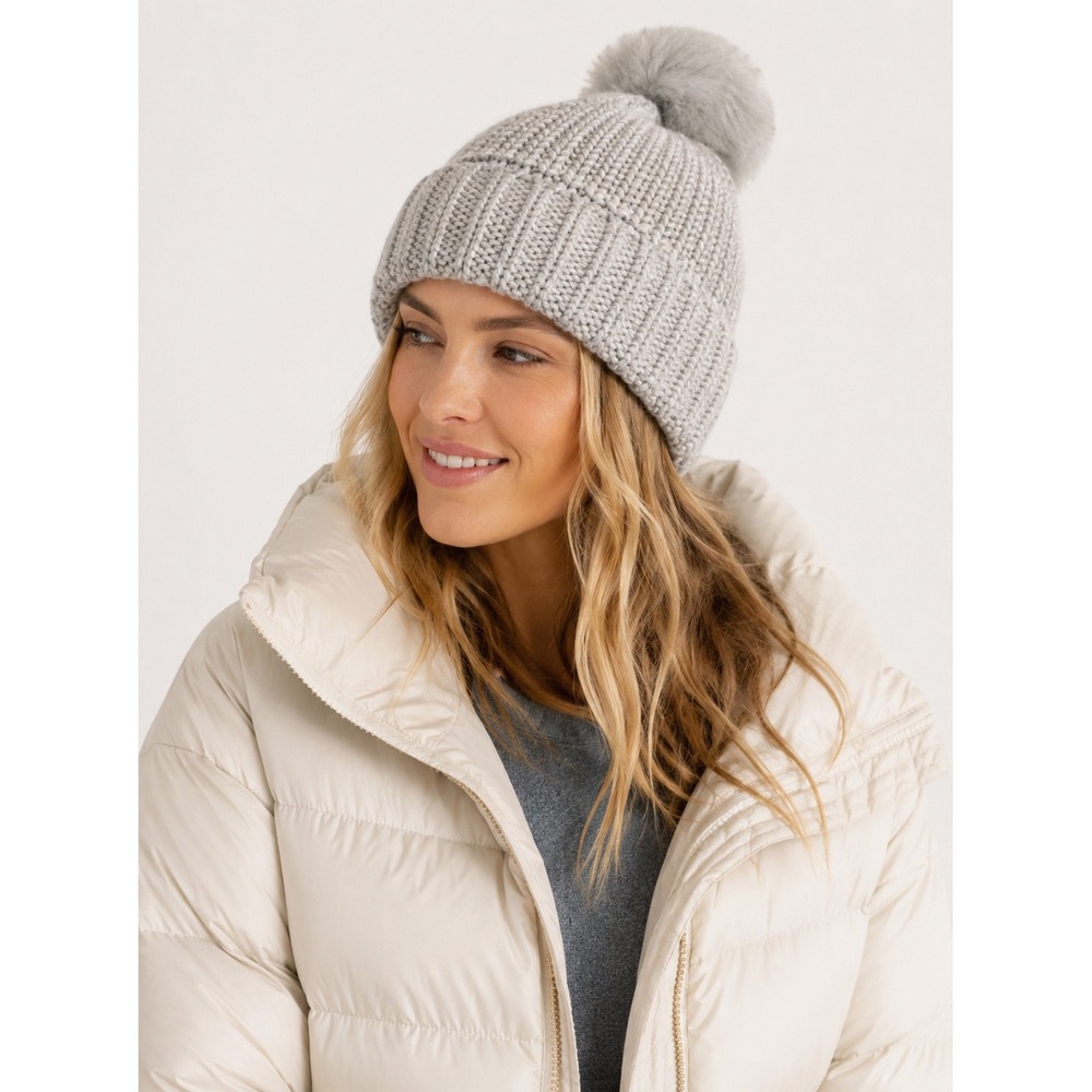 Jules Kae Beanie Pom Pom Hat Womens Grey Knit Faux Fur Recycled Vegan NEW